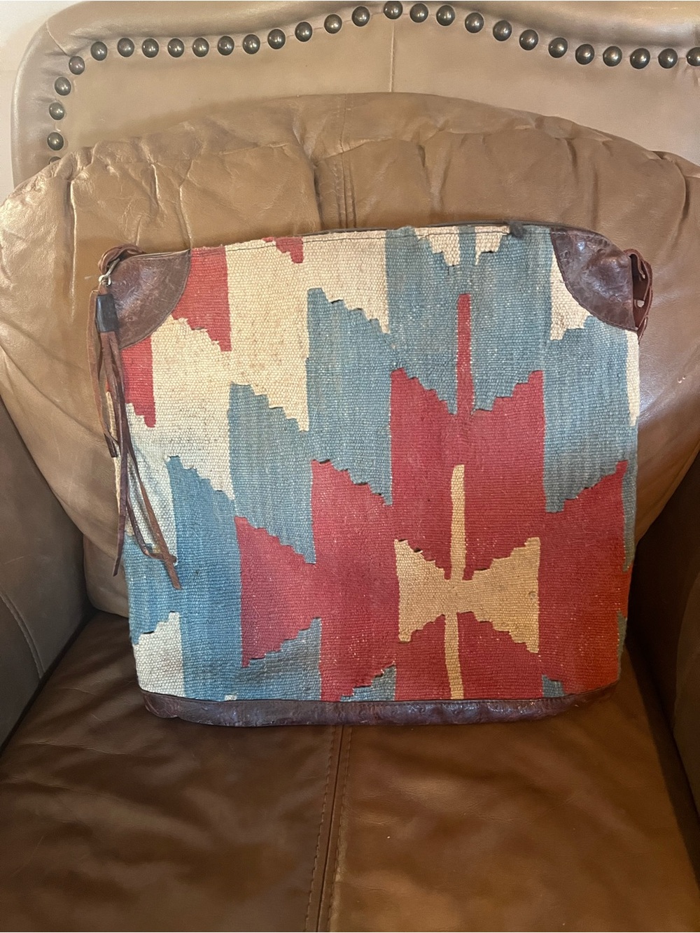 Tapestry Pattern Shoulder Tote in Rust, Teal & Cream - Picture 2 of 2